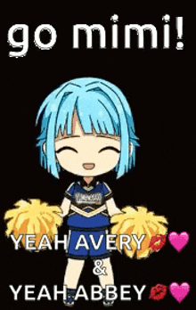 a cheerleader with blue hair is holding pom poms and says `` go mimi ! ''