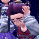 a cartoon character with purple hair and a shirt that says " my honest reaction " on it