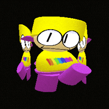 a cartoon character with a yellow hat and purple pants