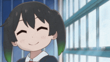 a girl with black hair and green ears smiles with her eyes closed