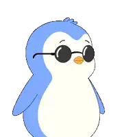 a blue and white penguin is wearing glasses
