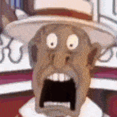 a close up of a cartoon character with a surprised expression on his face