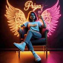 a girl is sitting in a chair with neon wings and the name priya