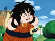 a cartoon character with a samurai sword and a dragon ball around his neck
