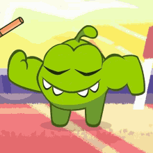 a green cartoon character is flexing his muscles in front of a crayon