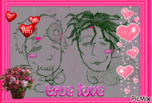 a picture of two people with hearts and the words true love on the bottom