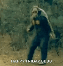 a woman in a police uniform is dancing in the woods and says happy friday .