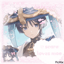 a picture of a boy with the words " scara loves moe " on it