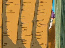 a cartoon girl with purple hair is peeking out from behind a brown curtain