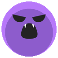 a purple circle with a vampire face and teeth in it .