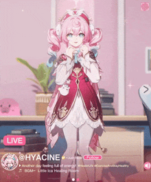 a girl with pink hair is standing in front of a desk in a room