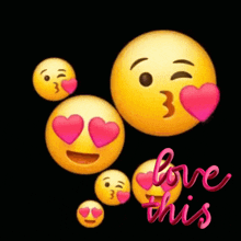 a bunch of emojis with pink hearts on their eyes and a kiss on their faces .