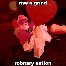 a cartoon character holding a red heart shaped balloon with the caption rise n grind
