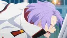 a cartoon character with purple hair and a white jacket