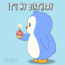 a penguin holding a cupcake with the words it 's my birthday below it