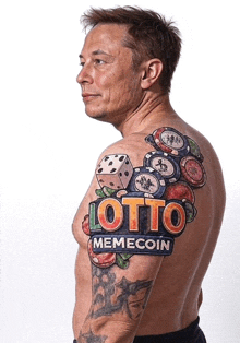 a shirtless man with a tattoo on his arm that says lotto memecoin