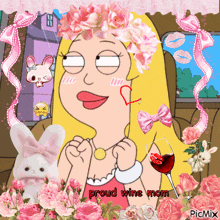 a cartoon of a woman with a crown of flowers on her head and the words proud wine mom below her