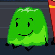 a green cartoon character with a smiling face and legs