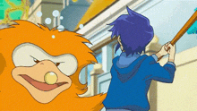 a boy in a blue hoodie is holding a broom in front of a cartoon character