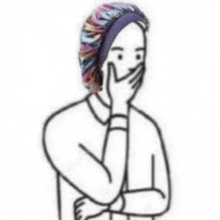 a black and white drawing of a person wearing a colorful headband covering their mouth .