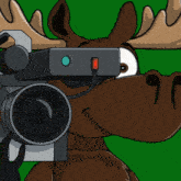 a moose is holding a video camera with a green button
