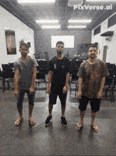three men are standing in a room with pixverse.ai written on the bottom