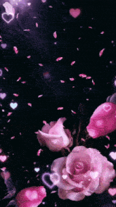 a woman is surrounded by pink roses and hearts in a dark room
