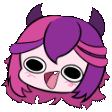 a cartoon girl with purple hair and horns is sticking out her tongue .