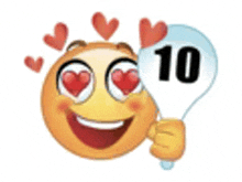 a smiley face with hearts in its eyes is holding a balloon with the number 10 on it .