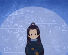 a girl stands in front of a wall of mathematical equations including 2x-1
