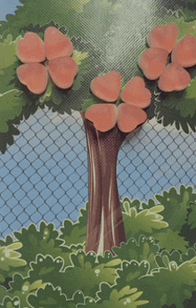 a drawing of a tree with heart shaped flowers on it