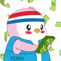 a penguin is holding a bunch of money and the word pengu is on the bottom right