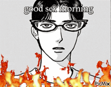 a black and white drawing of a man with glasses and the words good sex morning on the bottom