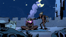 a cartoon drawing of a man sitting on a rug with a pink face