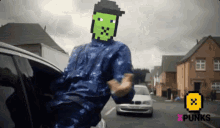 a man in a blue jacket with a pixelated face is standing in front of a white car