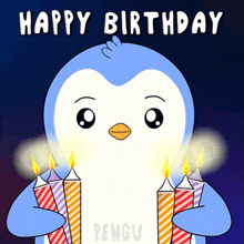 a penguin is holding a bunch of birthday candles and says happy birthday pengu