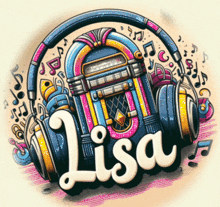 a drawing of a jukebox and headphones with the name lisa on it