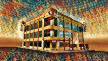 a painting of a building with a sign that says ' pizza '