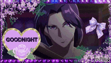 a picture of a woman with purple hair and a heart that says goodnight