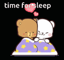 two teddy bears are laying under a blanket with the words time for sleep written above them .