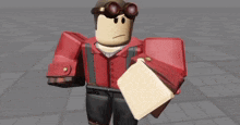 a roblox character wearing a red jacket and suspenders is holding a piece of paper