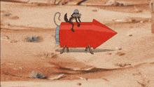 a cartoon drawing of a raccoon on a red arrow pointing to the right