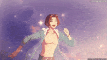 a man without a shirt is flying through the air with a purple background