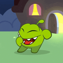 a green cartoon character is standing in front of a dark building