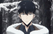 a man with black hair and blue eyes is wearing a white fur coat