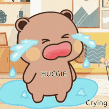 a cartoon teddy bear is crying with tears coming out of his eyes .