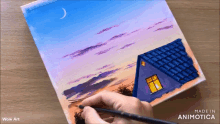 a painting of a house with the words wow art on the bottom right