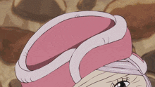 a cartoon drawing of a woman with a pink hat