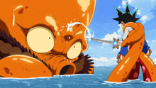 a cartoon character is holding a sword and fighting an octopus in the water