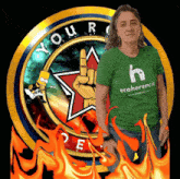 a woman wearing a green ecoherencia t-shirt stands in front of a logo